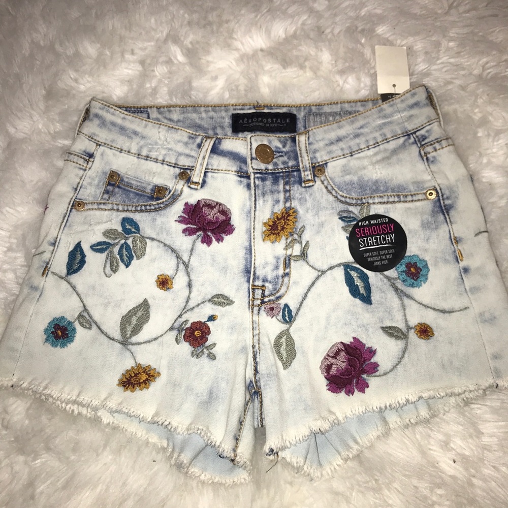 Embroidered Floral Denim Shorts